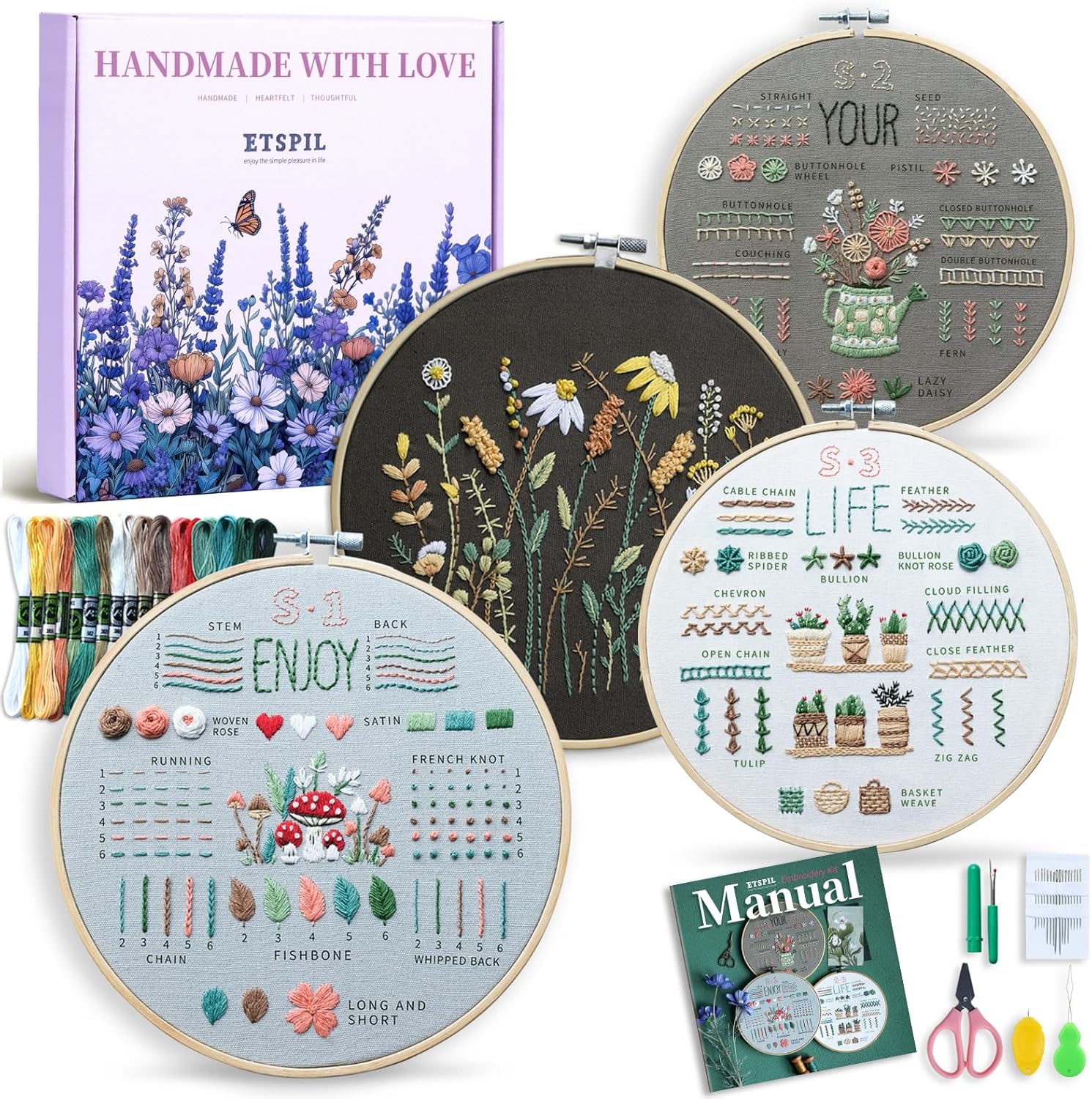 ETSPIL 4 Pack Embroidery Kit for Beginners & Adults Learn 33 Stitch Techniques with Floral Patterns, Complete DIY Kit with Hoop, Color Threads, Tools, Easy Instructions & Video-Great for Gifting