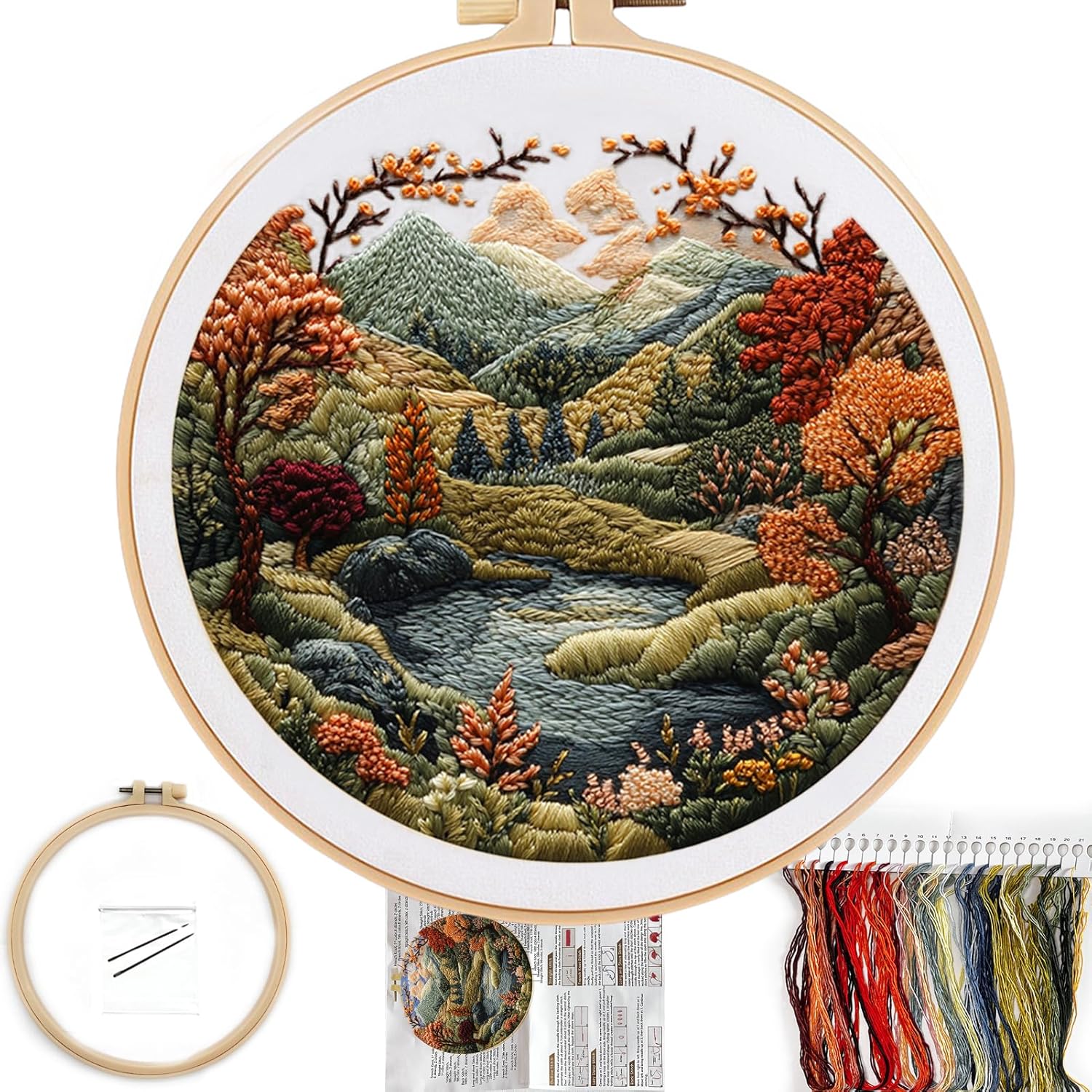 FONNUY Embroidery Kit for Beginners, Boho Nature Landscape Pre-Stamped Pattern Kits for Adults with Hoop, Easy to Follow Color Thread Needlework, 8” Hoop (Flowers Hills)